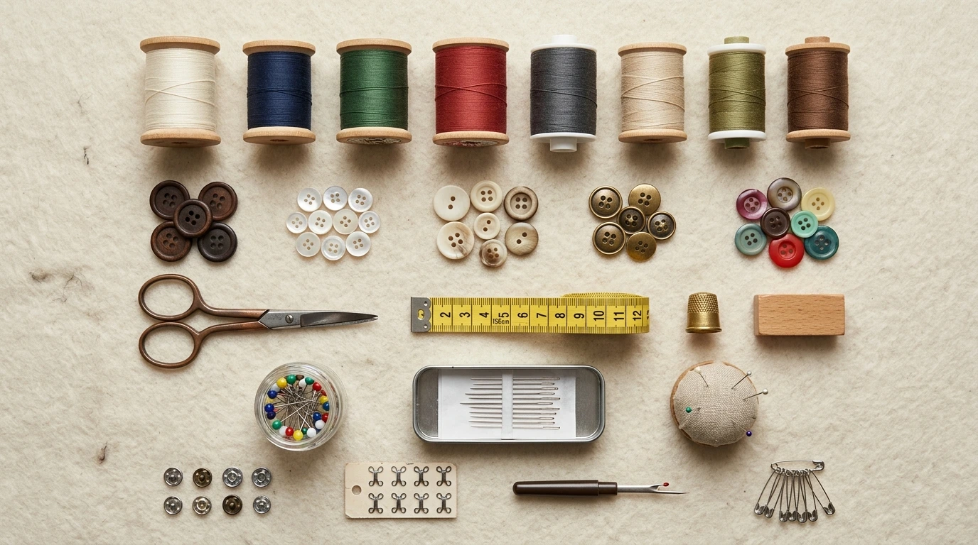 Fils, outils et fournitures rangés sur une table d’atelier